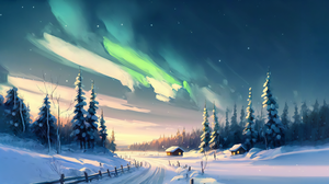 Ai Art Trees Forest Snow Winter Clouds Aurorae Stars Nature Sky Path 3640x2048 Wallpaper