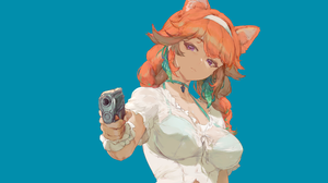 Minimalism Anime Girls Cat Girl Gun Pistol Takanashi Kiara Hololive Redhead Blue Background Simple B 5450x3199 Wallpaper