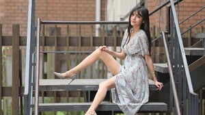 Asian Model Women Long Hair Dark Hair Sitting Stairs 7892x5261 Wallpaper
