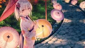Anime Girls Gray Hair Yellow Eyes Kimono Umbrella Leaves Maple Leaves Smiling Shoulder Length Hair L 2000x1414 Wallpaper