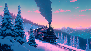 Ai Art Snow Trees Train Illustration Railway Mountains Sunset Glow 3060x2048 Wallpaper