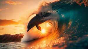 Ai Art Dolphin Waves Sunset Surfing Sunset Glow Water Animals 3060x2048 wallpaper