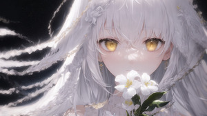 Anime Anime Girls White Hair Yellow Eyes Long Hair Flowers White Clothing Flower In Hair Looking At  5120x3840 Wallpaper