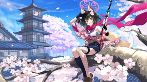 Anime Anime Girls Blue Archive Sitting Kuda Izuna Blue Archive Sky Clouds Petals Branch Gloves Gun B 4093x2869 Wallpaper