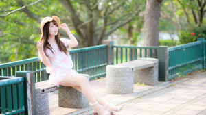 Asian Model Women Long Hair Dark Hair Sitting Depth Of Field Straw Hat Bench Trees 3280x2187 Wallpaper