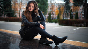 Dmitry Shulgin Women Hoods Brunette Long Hair Jacket Black Clothing Jeans Boots Reflection Outdoors  2048x1365 Wallpaper