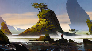Jason Scheier Digital Art Artwork Illustration Landscape Nature Mountains Trees Sea Water 3500x1738 Wallpaper