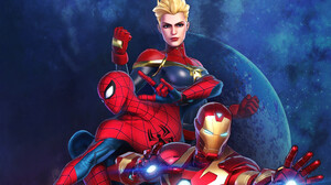 Captain Marvel Iron Man Spider Man 7680x4320 Wallpaper