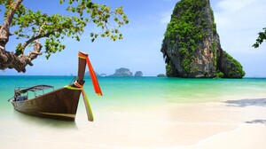 Beach Boat Cliff Lagoon Phuket Sand Thailand Tropics 2048x1345 Wallpaper