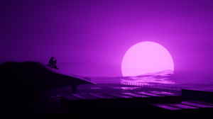 Vaporwave Sunset Space Synthwave Moon Purple Background CGi Blender Digital Art Night Reflection Sea 7680x4320 Wallpaper