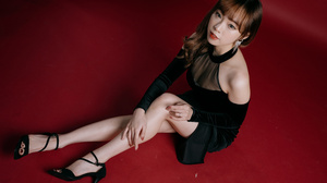 Asian Model Women Long Hair Dark Hair Red Background Barefoot Sandal Heels Sitting Black Dress Paint 3840x2560 Wallpaper