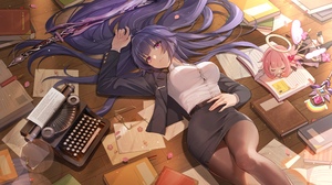 Anime Anime Girls Purple Hair Purple Eyes Paper Petals Typewriters Books Lying On Back 3840x2160 Wallpaper