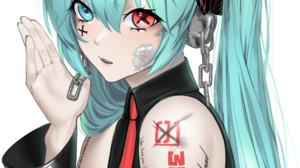 Hatsune Miku Vocaloid Detached Sleeves Twintails Aqua Hair Heterochromia Symbol Shaped Pupils Inked  1847x2563 Wallpaper