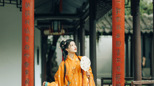 Sun Zhenni SNH48 Asian Hanfu Women Chinese Vertical Chinese Dress Plants Fans 2744x4116 Wallpaper