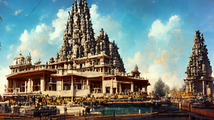 Ai Art Hindu Architecture Clouds Water Sky Building 2048x1152 Wallpaper