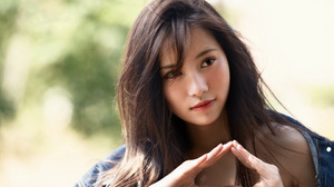 Model Women Red Lipstick Asian Face Jeans Shirt Women Outdoors Looking Away Brunette 2880x1800 wallpaper