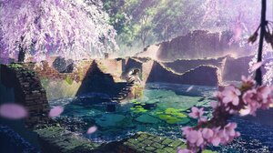 Cherry Blossom Water Ruins Petals Trees Lily Pads Anime Girls Stairs Sunlight 1500x859 Wallpaper