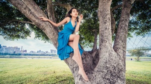 Asian Women Model Trees Sitting Women Outdoors Long Hair Brunette Blue Dress Nylons Grass Skyline Br 4562x3043 Wallpaper