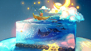 Artwork Digital Art Pastry Water Fish Clouds Yuumei Cake Crescent Moon Moon Stars Animals 1350x1350 Wallpaper