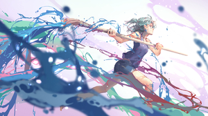 Anime Anime Girls Cyan Hair White Background Running Paint Brushes Paint Splash Shijohane 3840x1800 Wallpaper