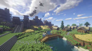 Minecraft Building Video Games CGi Stairs Water Bridge Clouds Sky Village 1920x1080 Wallpaper