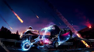 Digital Art Fantasy Art BMX Neon Lights Car Collision Accidents Night Bicycle Road Meteors Fire Brok 1920x1200 Wallpaper