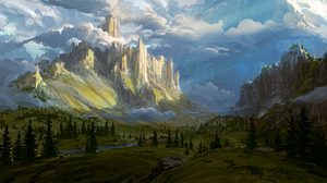 Landscape Mountains Valley Trees Grass Clouds 3840x1536 Wallpaper