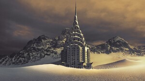 Chrysler Building Mountains Snow Morning Clouds Disaster Apocalyptic World Photo Manipulation Nature 1230x768 Wallpaper