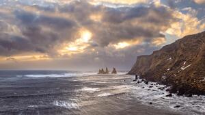 Coast Landscape Nature Clouds Iceland Waves Windy Water Sky 5578x2688 Wallpaper