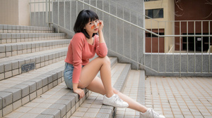 Asian Model Women Dark Hair Sitting Urban Women Outdoors Stairs Legs White Shoes Sweater Black Hair  3840x2615 Wallpaper