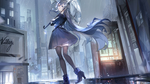 Anime Anime Girls Umbrella Skirt Long Hair City Blue Hair Blue Eyes Looking At Viewer 4688x3025 Wallpaper