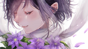 Anime Anime Girls Flowers Closed Eyes Vertical Purple Hair Petals 1699x1851 Wallpaper