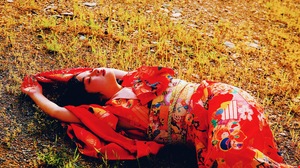 Asian Women Model Brunette Arms Up Makeup Traditional Chinese Clothing Field Grass Women Outdoors 4451x2922 Wallpaper