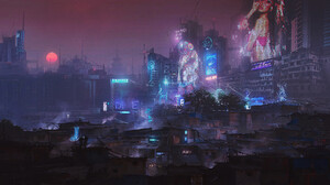Donglu Yu Artwork Cyberpunk Futuristic Futuristic City Architecture Slum Sunset Sun Purple Sky Smog  2000x1118 Wallpaper