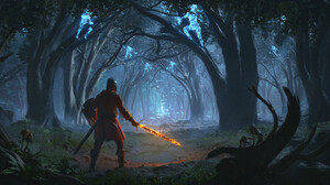 Artwork Dark Oleg Kapustin Sword Flaming Sword Shield Forest Digital Art Trees Weapon Armor Mushroom 1920x1080 wallpaper