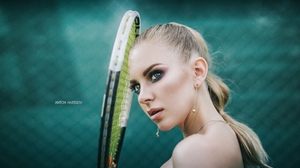 Women Blonde Anton Harisov Tennis Rackets Portrait Looking Away Sneakers Women Outdoors Bare Shoulde 2000x1125 Wallpaper