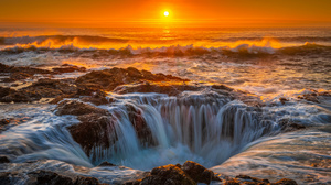 USA Sea Coast Waves Sunset Sky Nature Rocks 3840x2160 Wallpaper