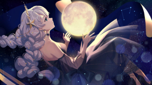 Anime Anime Girls Long Hair Twintails Moon Moonlight Stars Braids Blue Eyes White Hair Dress Choker  6462x3600 wallpaper