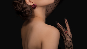 Noyami Women Brunette Bare Shoulders Dress Makeup Profile Eyeliner Lipstick Simple Background Black  2333x3500 wallpaper