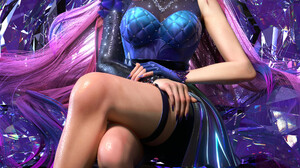 Zoey Yi CGi Women Ahri League Of Legends Pink Hair Fox Girl KDA Purple Legs Crossed Gems 3D 1920x3413 Wallpaper