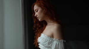 Women Model Redhead Blouse Women Indoors Curly Hair Short Tops Bare Shoulders 2560x1707 Wallpaper