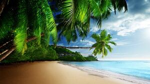 Beach Water Palm Trees Clouds Sky Sand Waves 3840x2160 Wallpaper