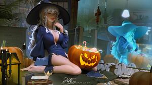 Anime Girls Halloween Hat Candy Sweets Reflection Witch Hat Pumpkin Digital Art 3840x2160 Wallpaper