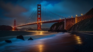 Ai Art Golden Gate Bridge Beach Blue Hour Bridge Water Clouds Night Lights 4579x2616 Wallpaper