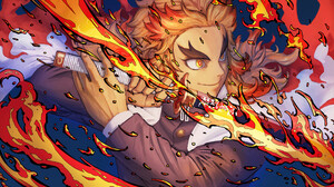 Anime Kimetsu No Yaiba Kyojuro Rengoku Fire Sword Smiling Anime Boys 2560x1440 Wallpaper