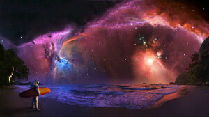 Colorful Space Astronaut Surfboards Stars Water Composite 1920x1080 wallpaper