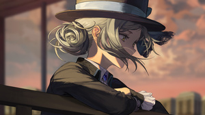 Anime Girls Silver Hair Hat Looking Away Sunset Sunset Glow Hair Blowing In The Wind Short Hair Yell 8000x3400 Wallpaper