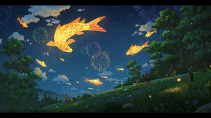 Concept Art Digital Art Environment Night Fish Fireworks Surreal Fantastic Realism Sky Stars Trees A 1920x900 Wallpaper