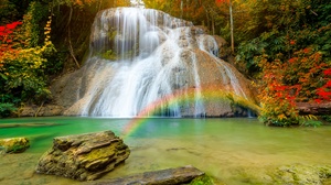 Fall Lagoon Nature Rainbow Waterfall 4928x3264 Wallpaper