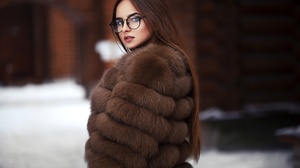Women Model Fur Women Outdoors Women With Glasses Brunette Snow Cold Outdoors Looking At Viewer 2048x1365 Wallpaper